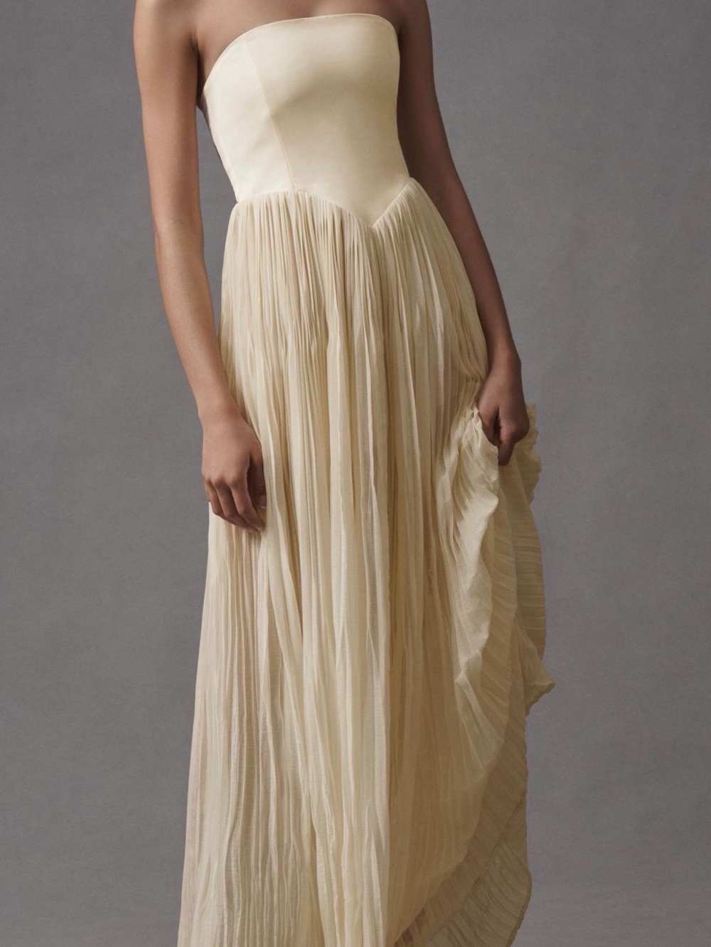 Strapless buttercream/yellow Pleated Chiffon Maxi Dress